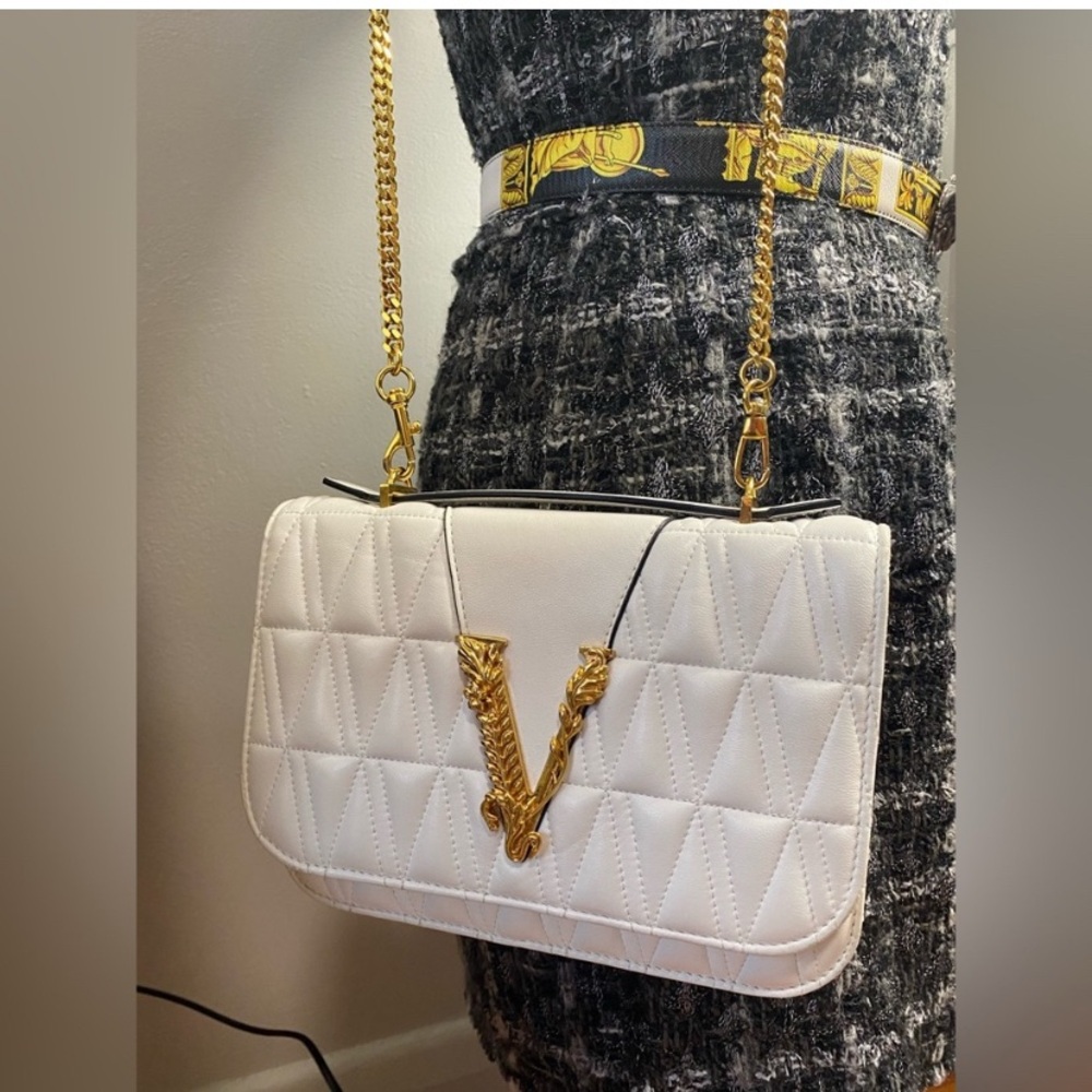 Versace White Quilted Shoulder Bag with Gold Details w Cert of Authenticity